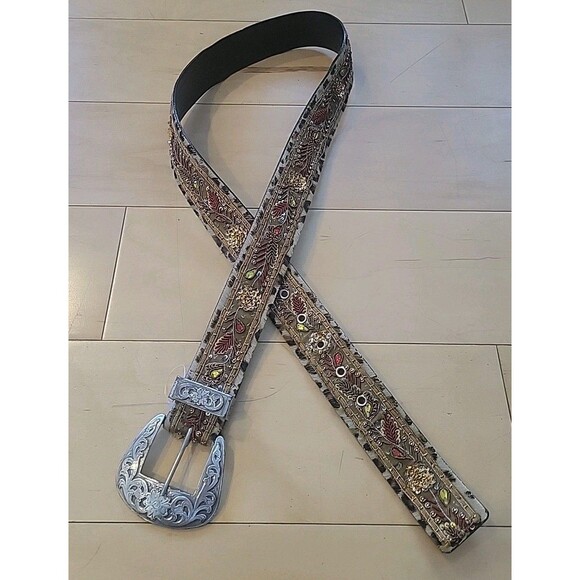 Sandy Duftler Designs Vintage Belt Silver Buckle Floral Embellished Leather L main image 4